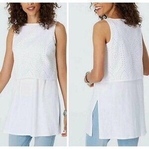 J Jill Sz L White Eyelet Lace Layered Long Tee T-Shirt Tank Top Womens NEW NWT